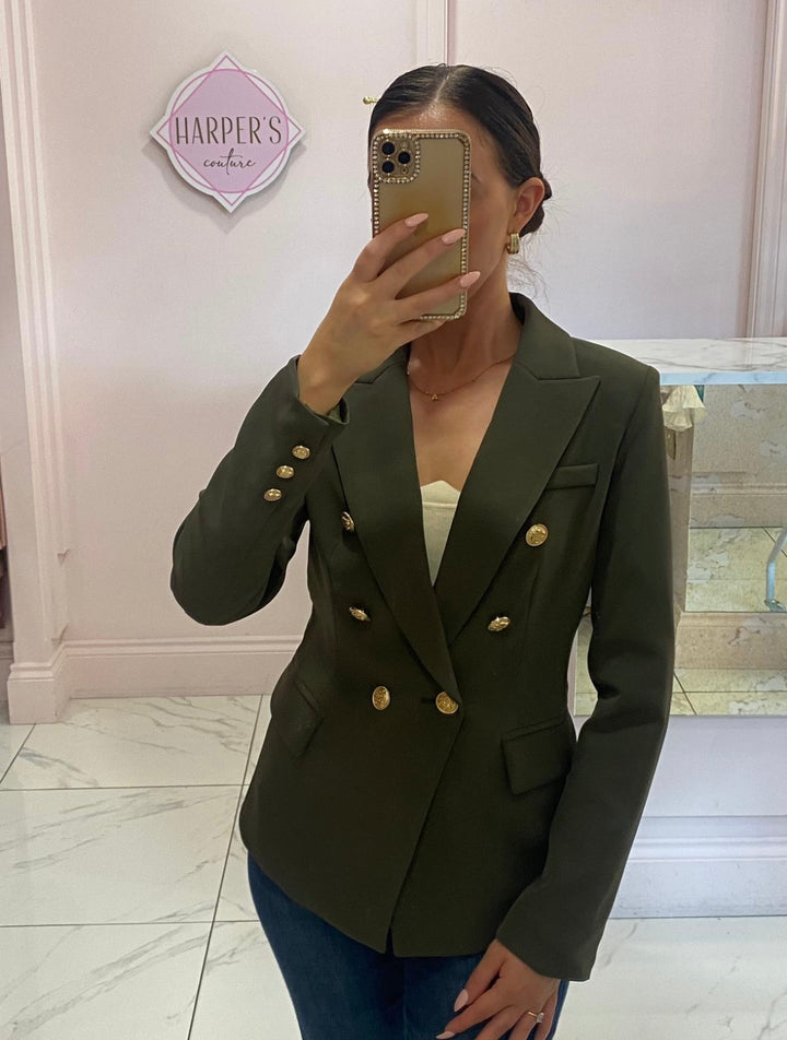 Alena Khaki Gold Button Inspired Blazer
