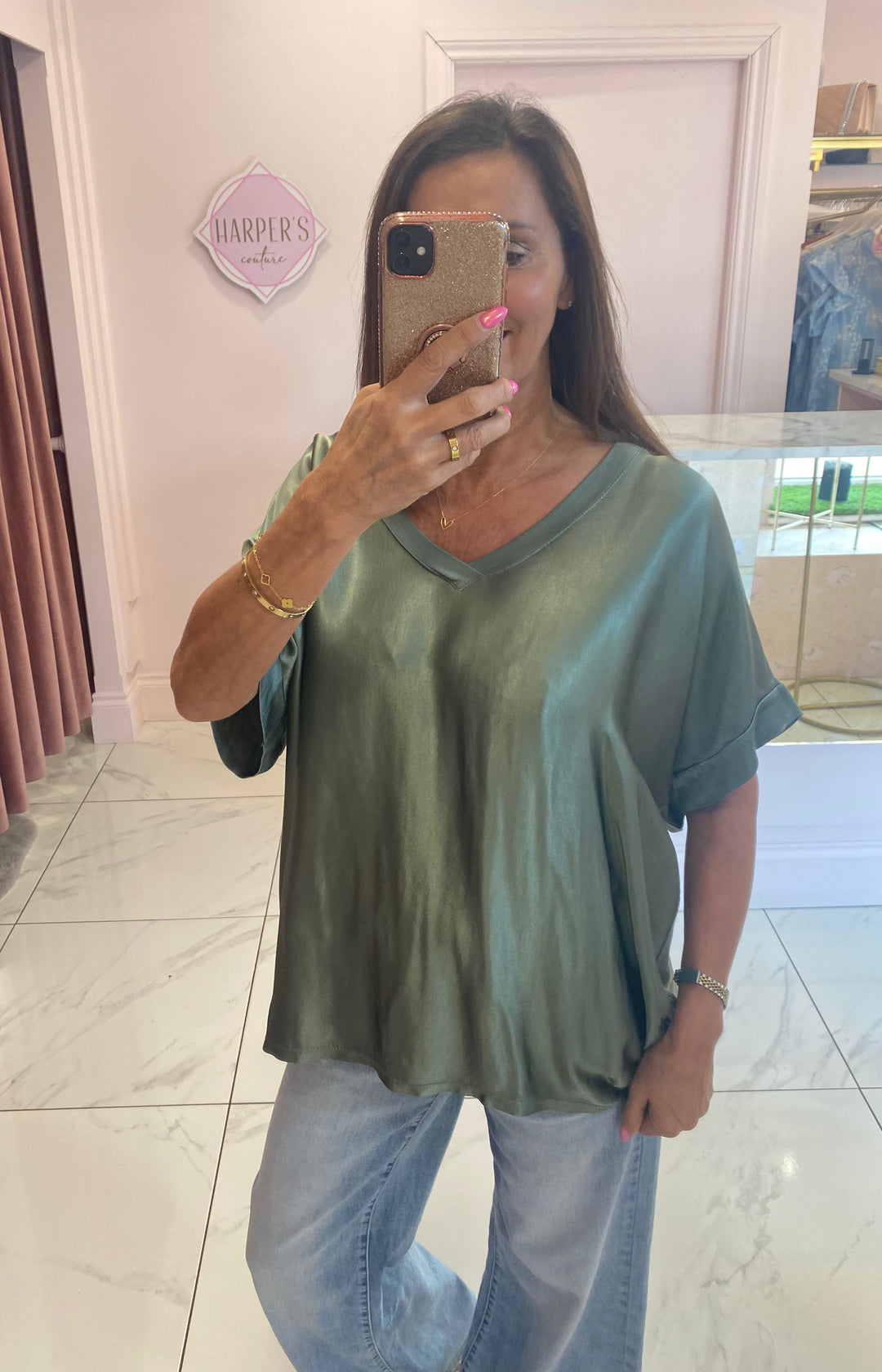 Trixie Khaki Silky Front Top