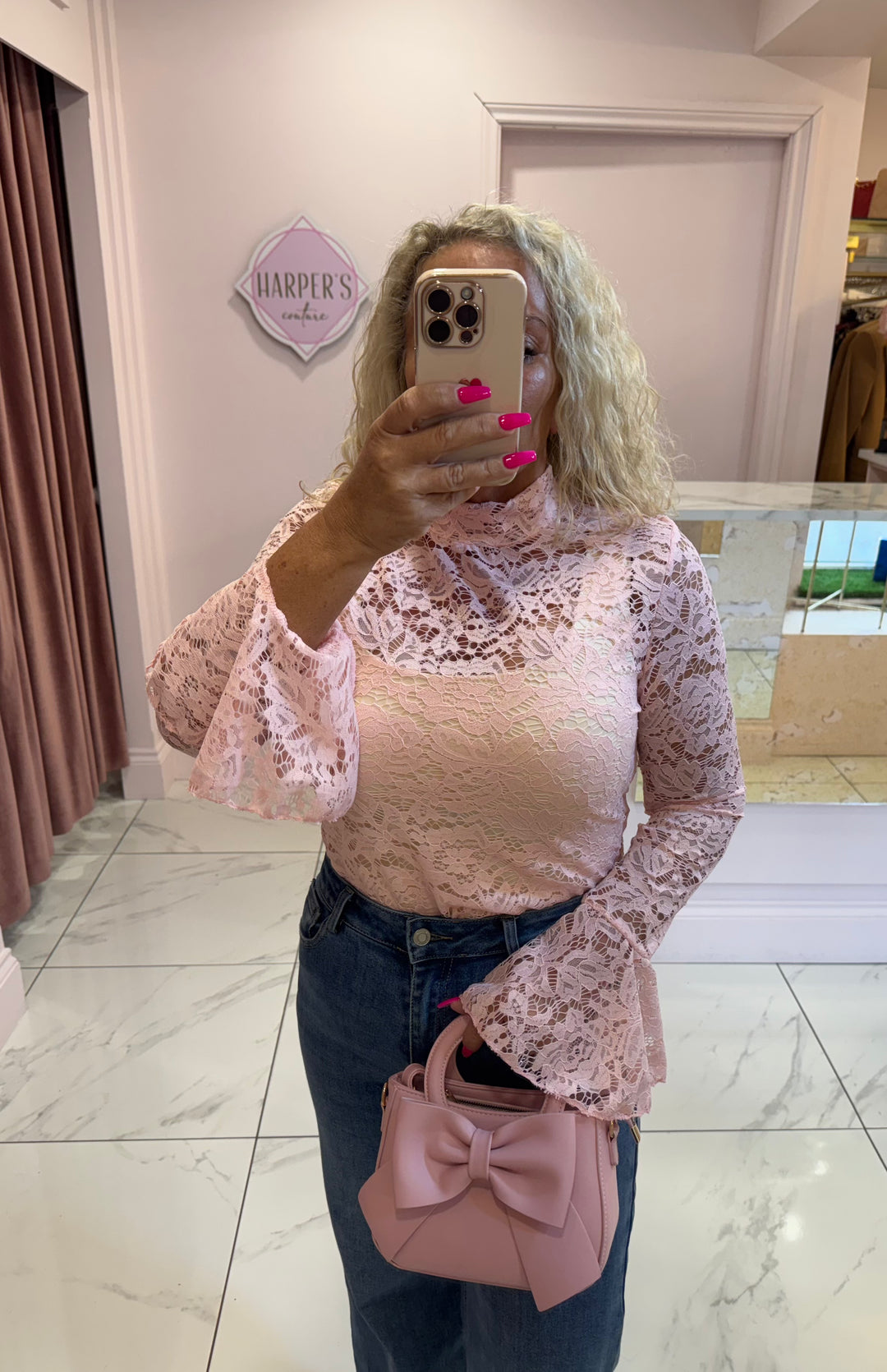 Caitlyn Pink Lace Top with Bell Sleeves