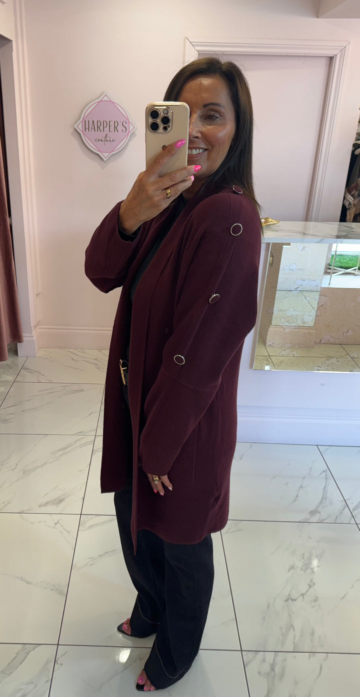 Anna Burgundy Button Detail Longline Cardigan