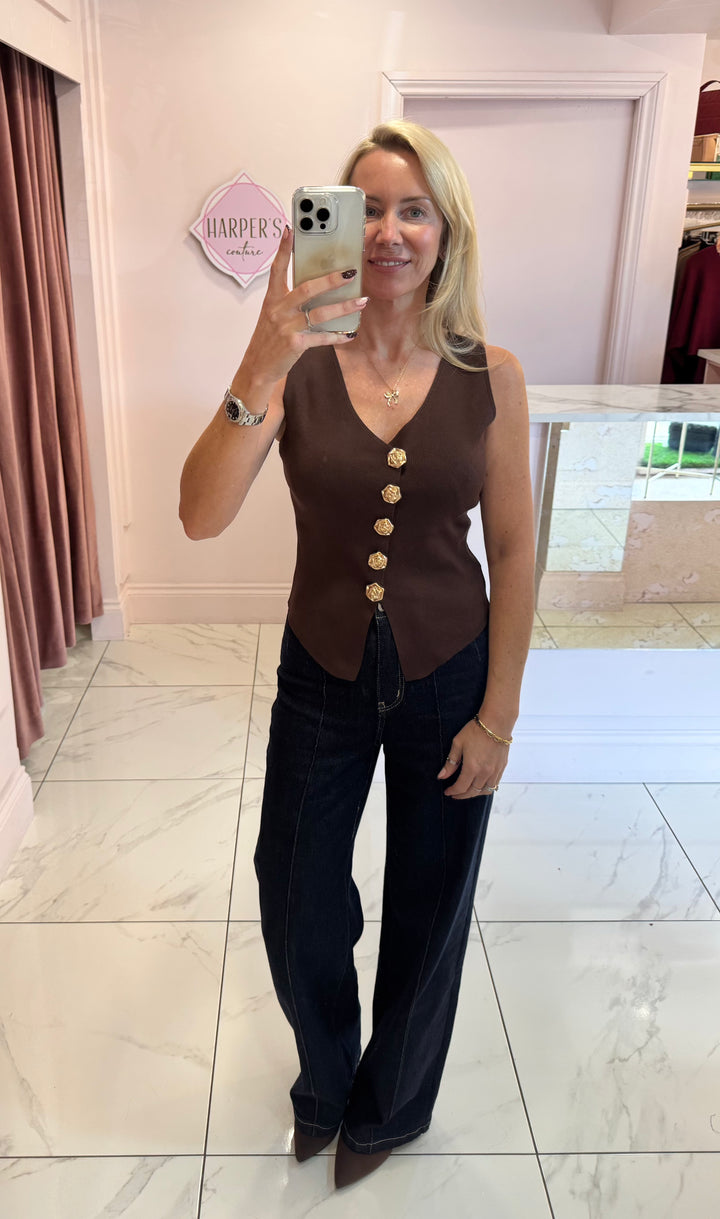 Karis Chocolate Knit Gold Button Detail Waistcoat/Top