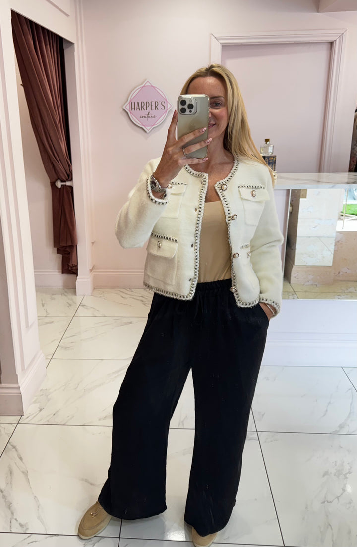 Chanella Premium Cream Pearl Button Cardigan