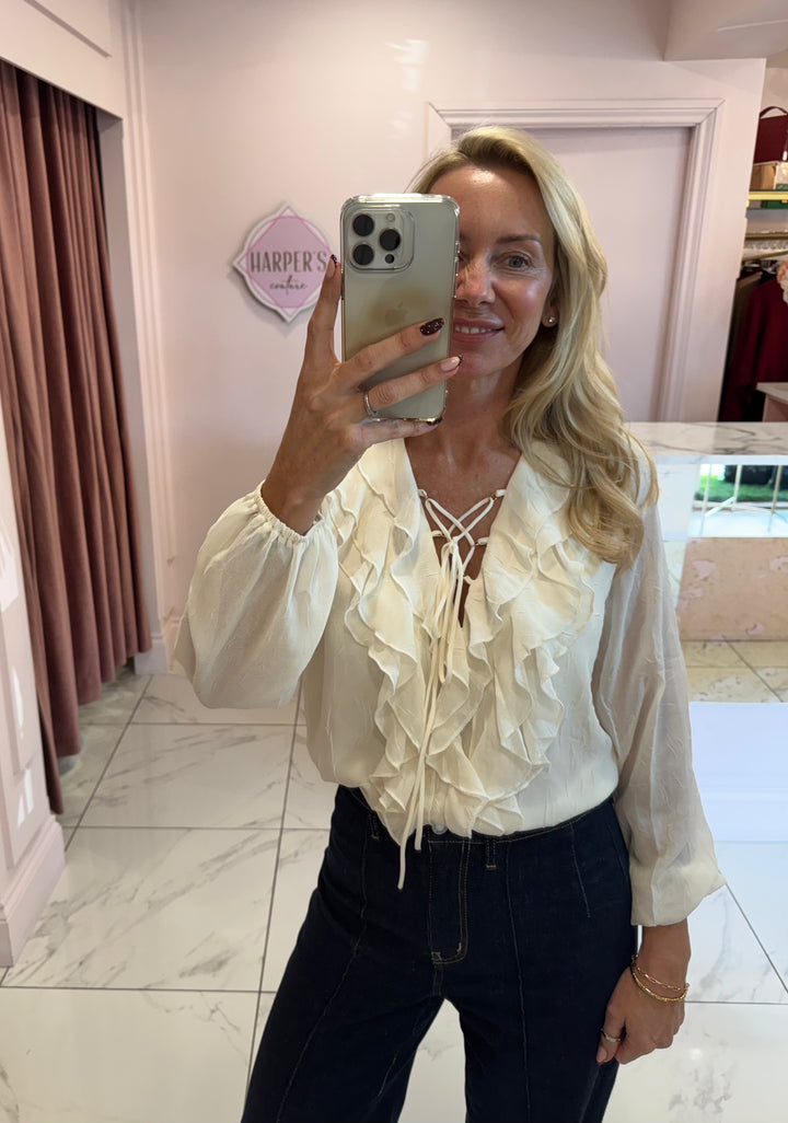 Felicity Cream Lace Up Front Blouse Shirt