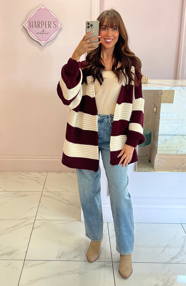Zizi Burgundy Chunky Knit Striped Cardigan