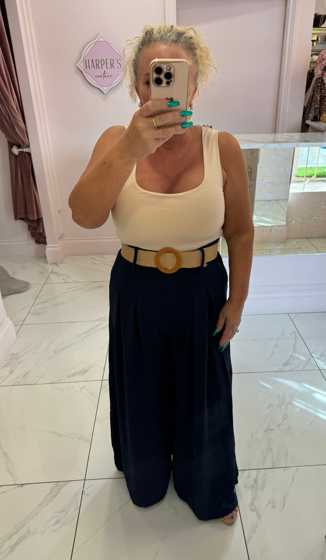 Adrianna Navy Wide Leg Belted Trousers
