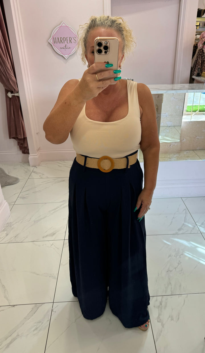 Adrianna Navy Wide Leg Belted Trousers