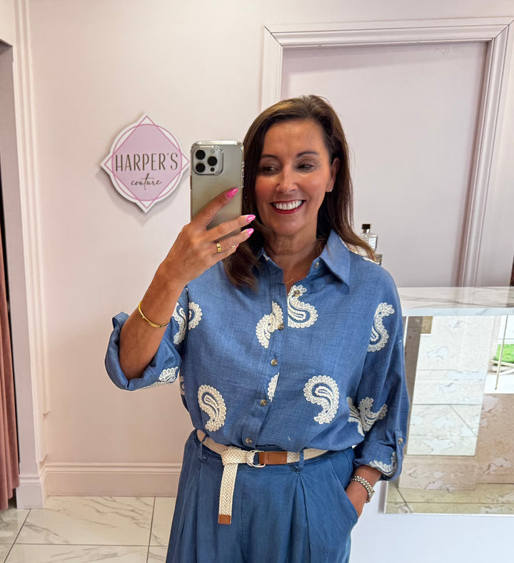 Quinn Denim Shirt With Paisley Embroidery