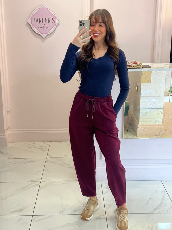 Evie Burgundy Super Soft Seam Front Tapered Trousers
