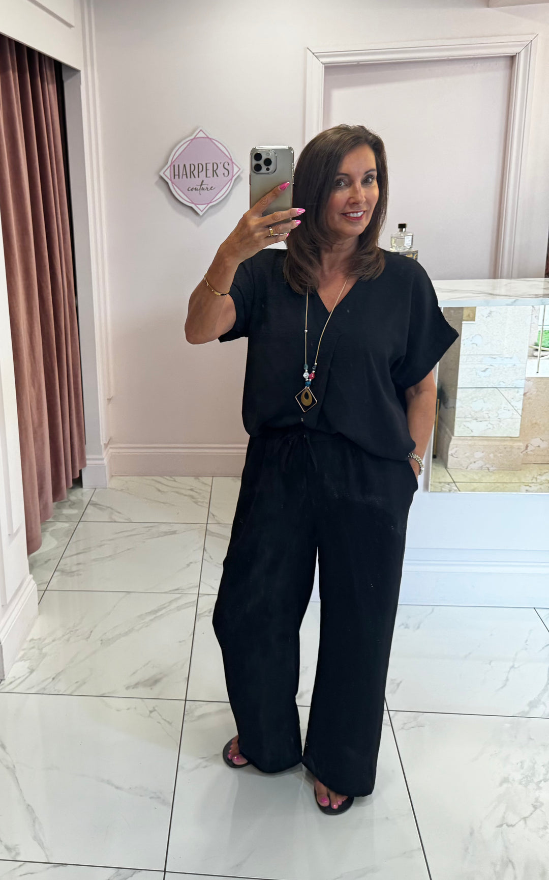 Ember Black V Neck Top & Trouser Co Ord Set