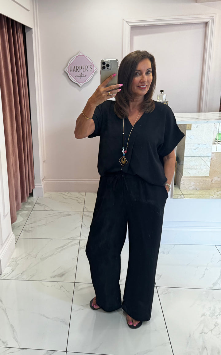 Ember Black V Neck Top & Trouser Co Ord Set