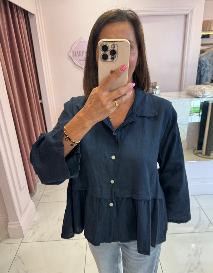 Saffie Navy Linen Mix Blouse