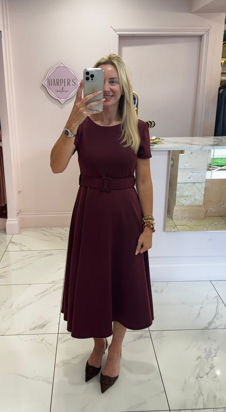 Jolene Burgundy Tailored Short Sleeve Midi Dress with Belt