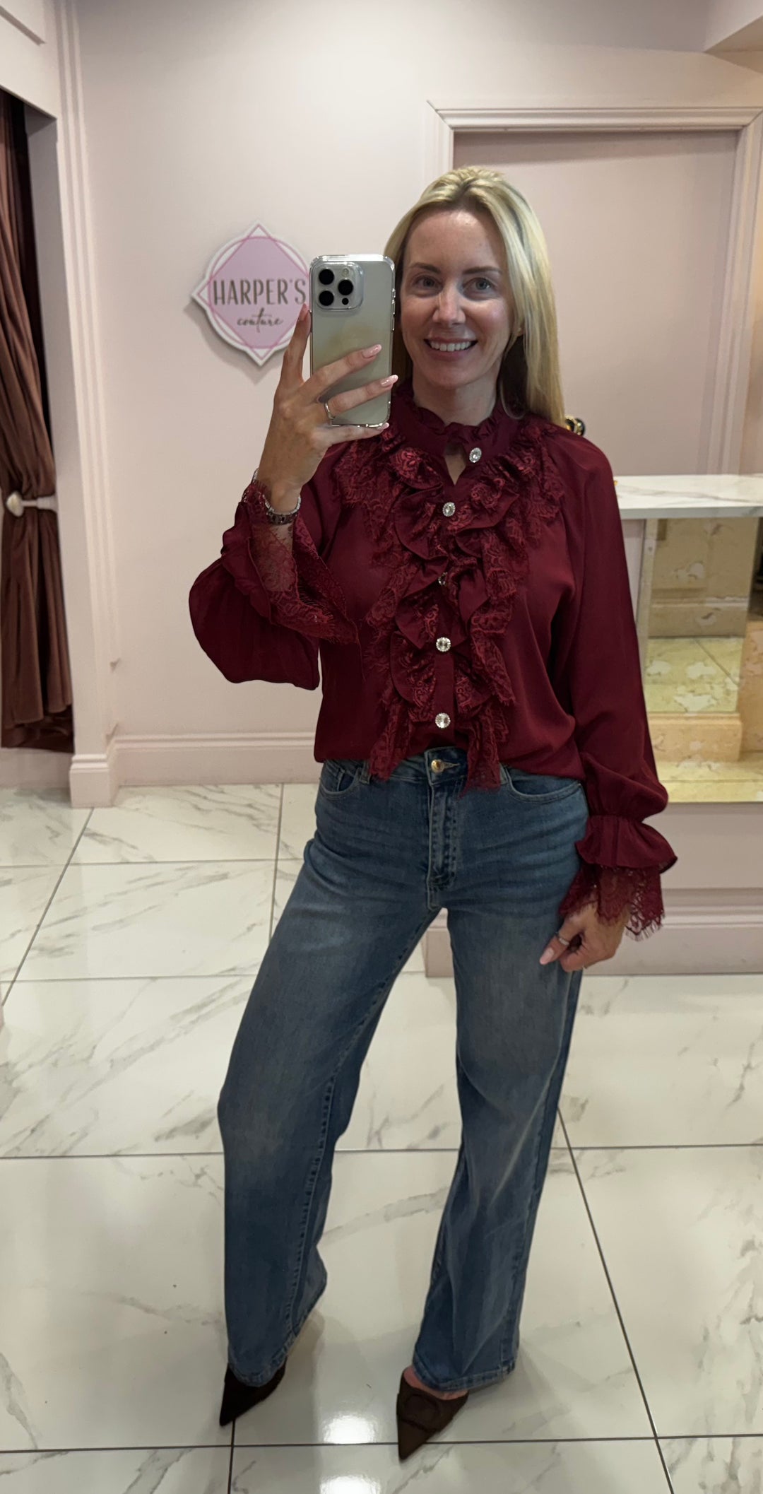 Poppy Burgundy Ruffle Front & Cuff Detail Blouse