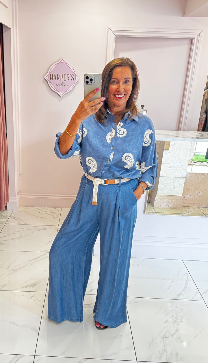 Quinn Denim Shirt With Paisley Embroidery