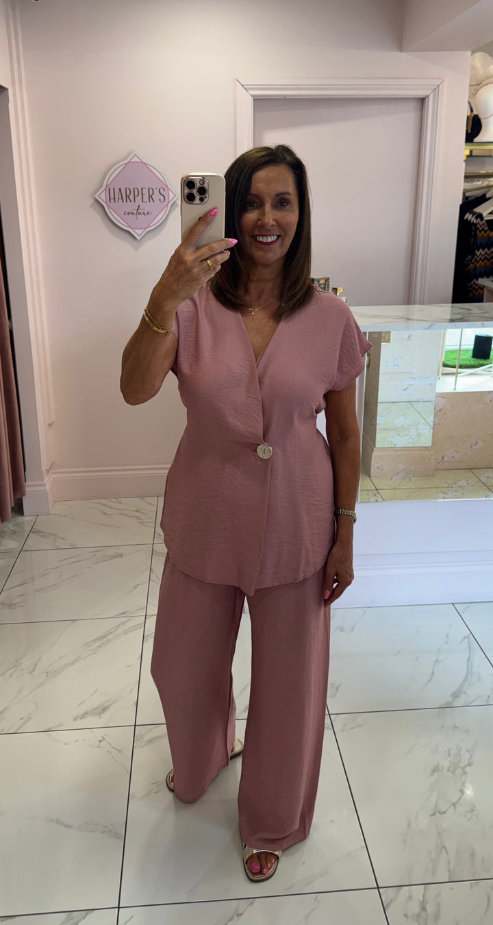 Daisy Pink Gold Button Trouser & Top Co Ord Set