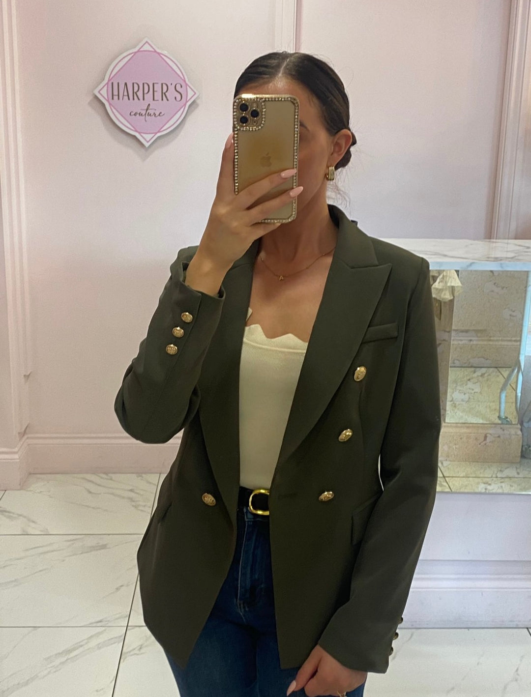 Alena Khaki Gold Button Inspired Blazer