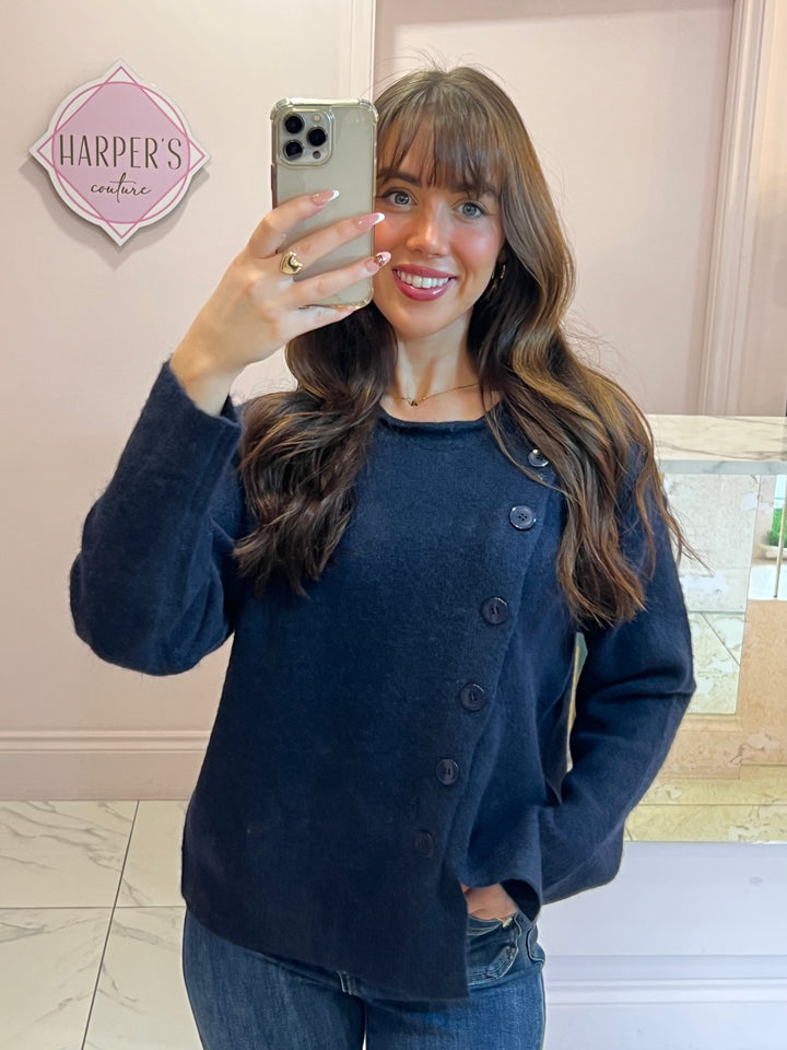 Amaya Navy Supersoft Button Detail Knit Jumper