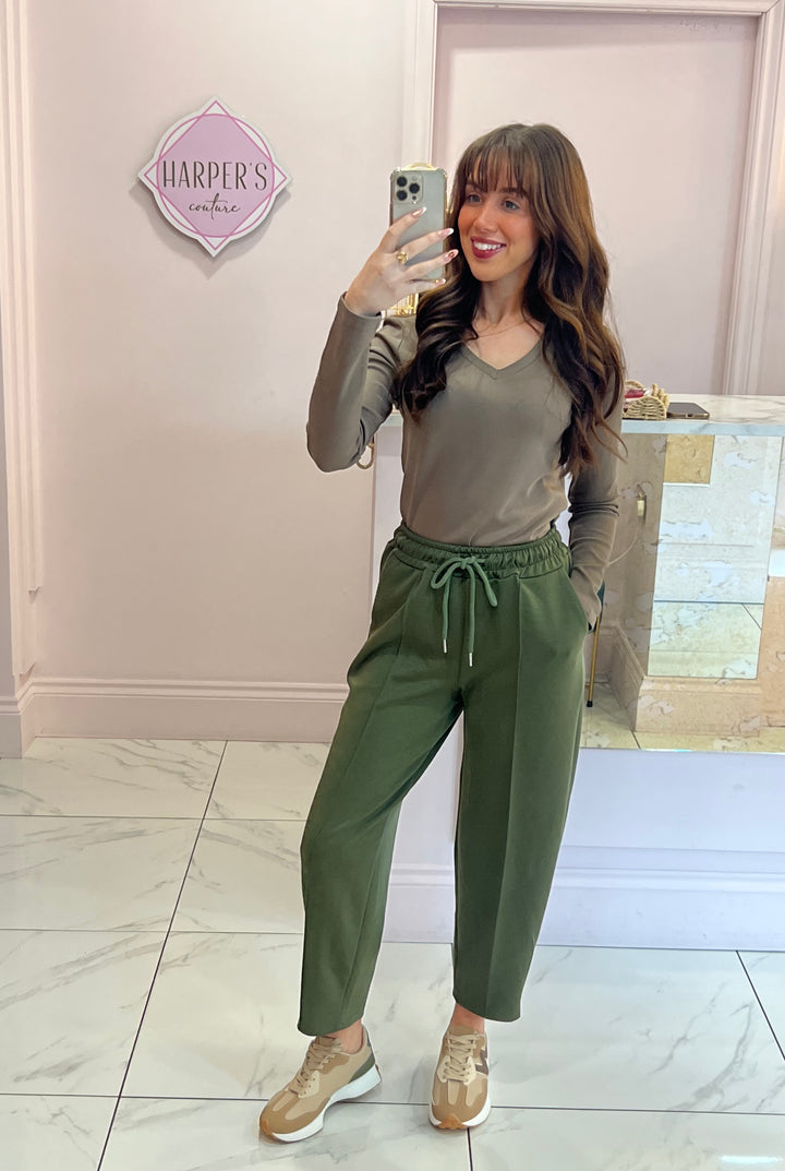 Evie Khaki Super Soft Seam Front Tapered Trousers