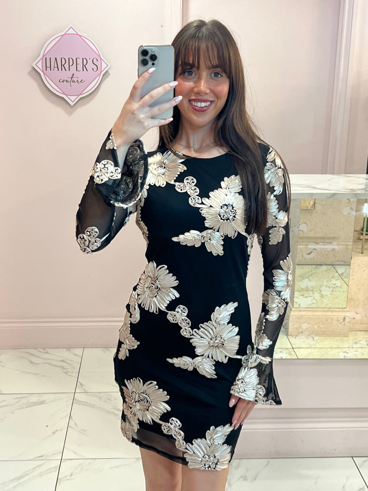 Valentina Black Mesh Ribbon Flower Dress