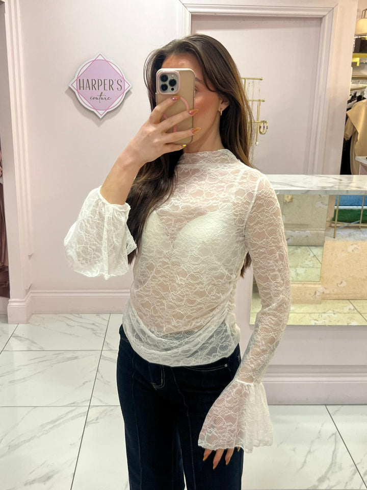 Lucie White Lace Top with Fluted Sleeves