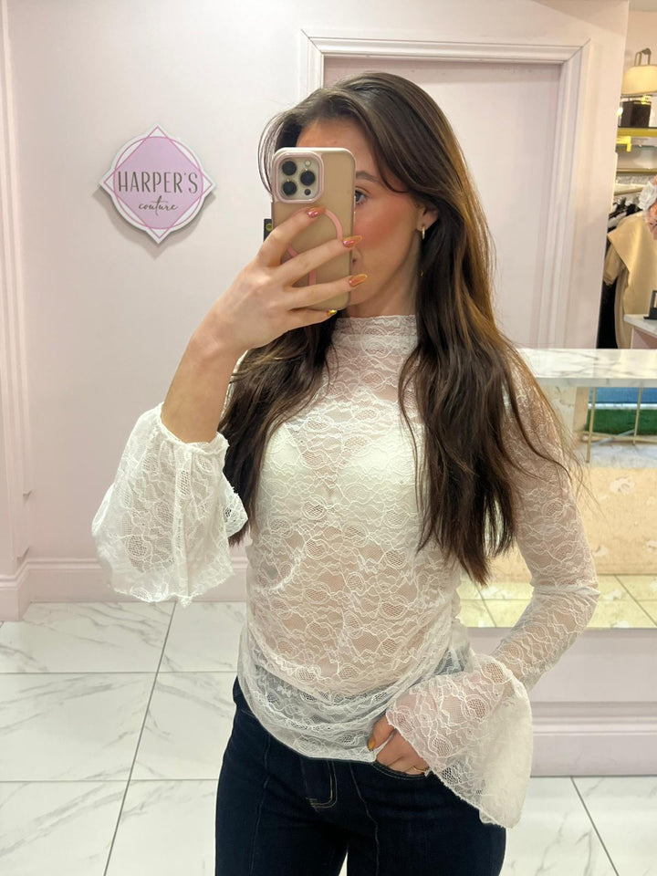 Lucie White Lace Top with Fluted Sleeves