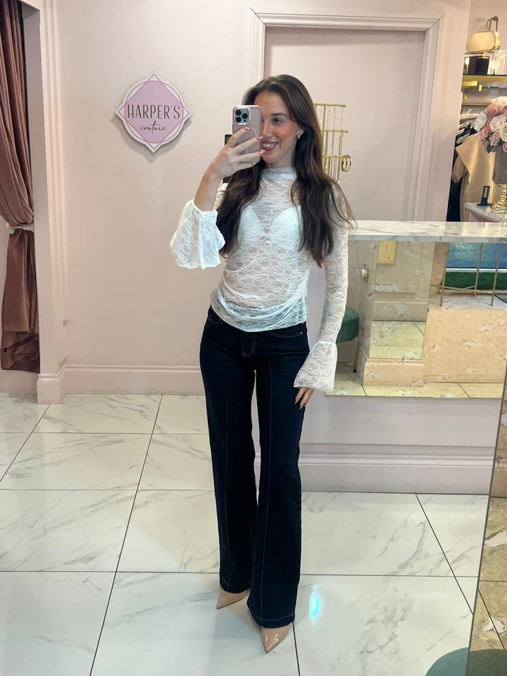 Lucie White Lace Top with Fluted Sleeves