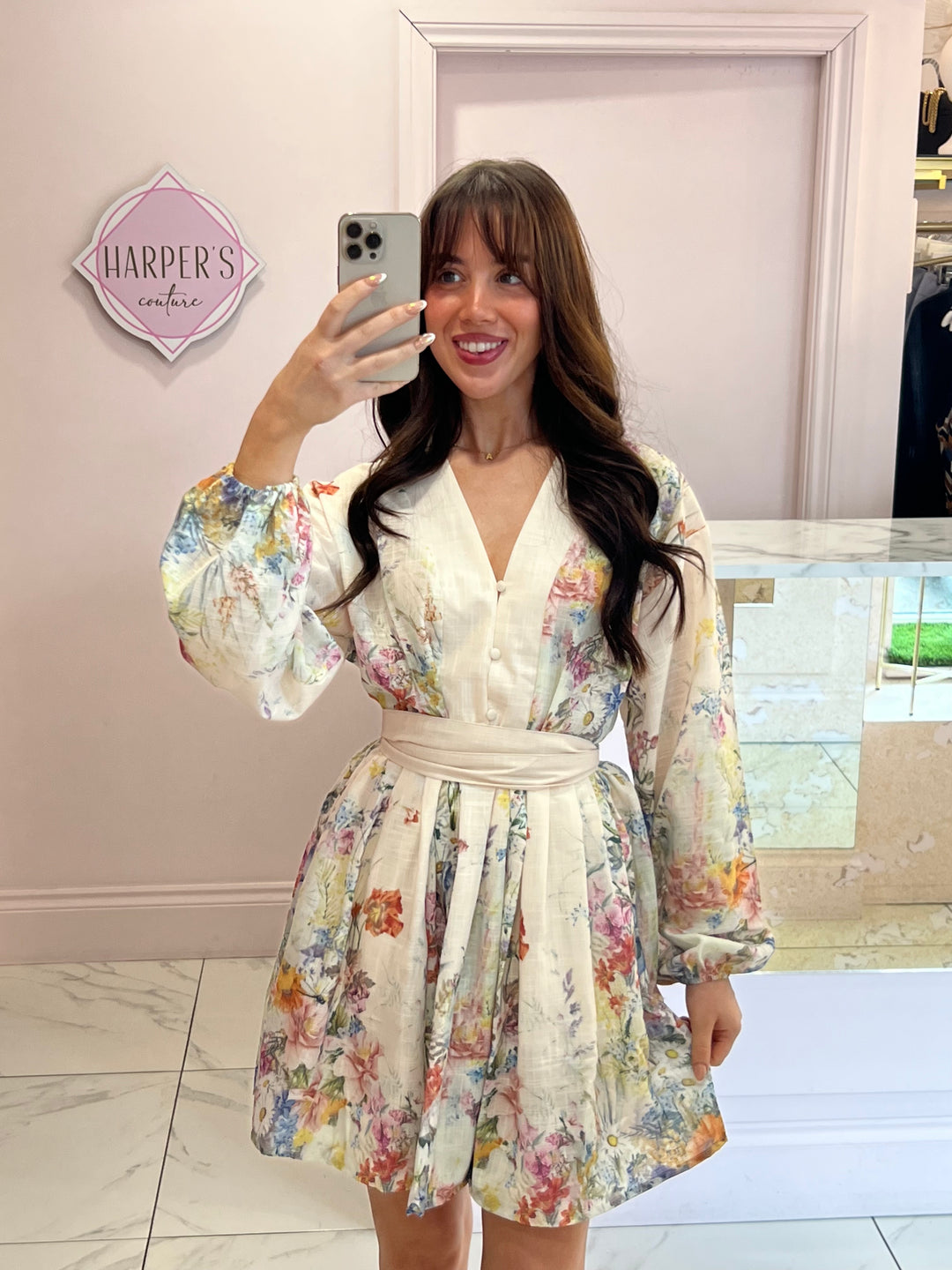 Floella Cream Belted Multicoloured Flower Dress