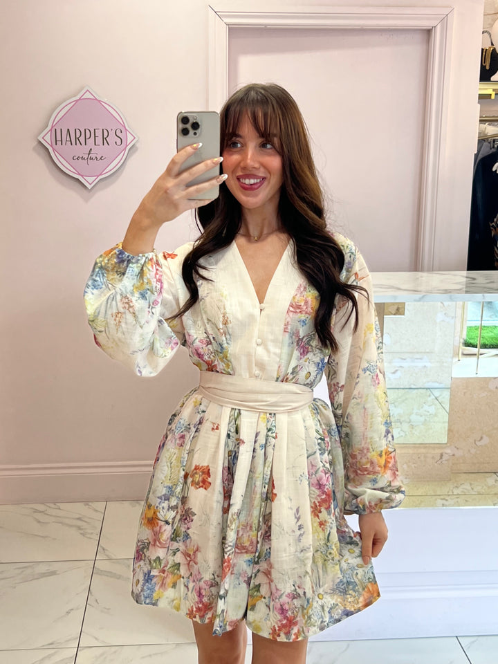 Floella Cream Belted Multicoloured Flower Dress