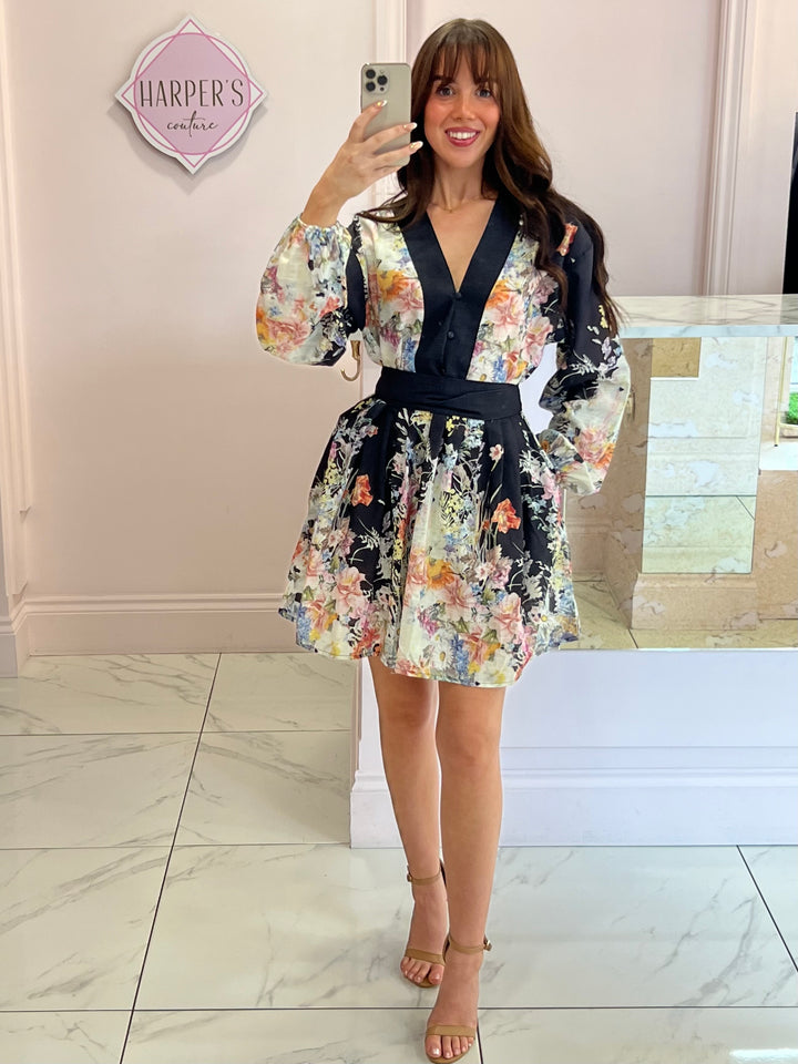 Floella Black Belted Multicoloured Flower Dress