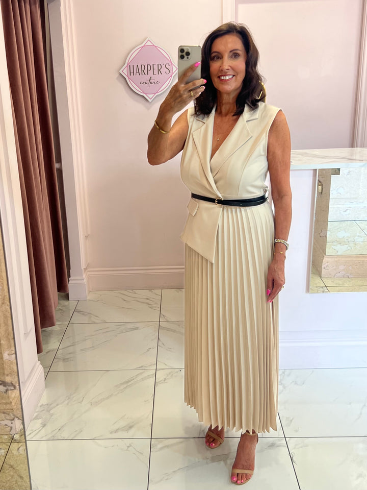 Nova Cream Pleated Waistcoat Dress