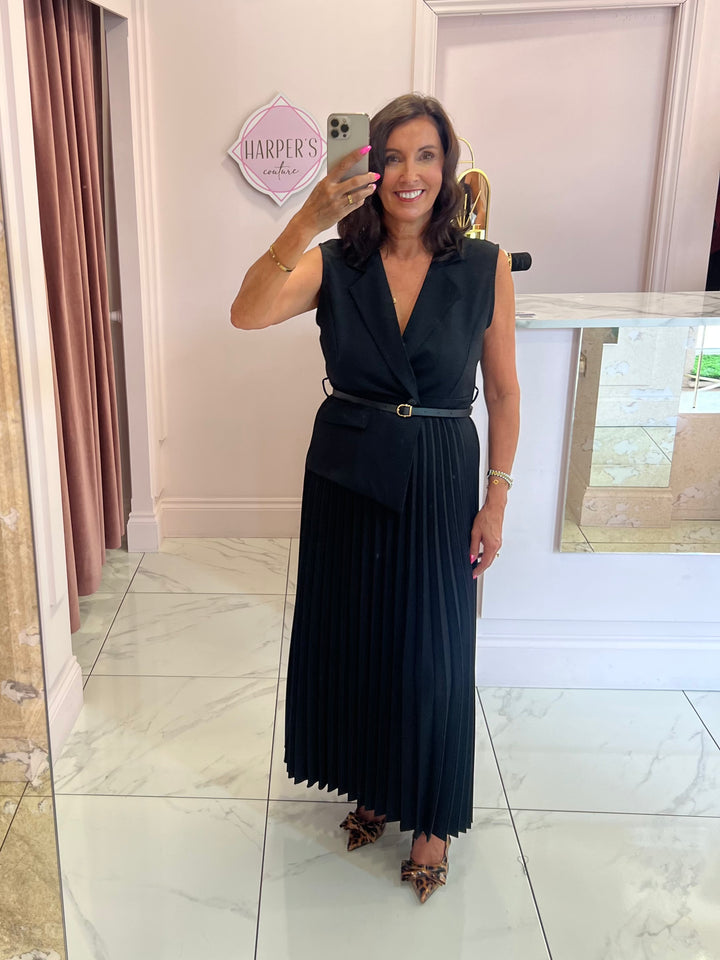 Nova Black Pleated Waistcoat Dress