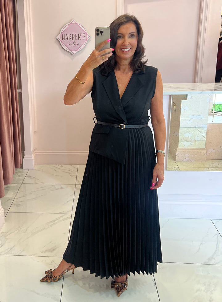 Nova Black Pleated Waistcoat Dress