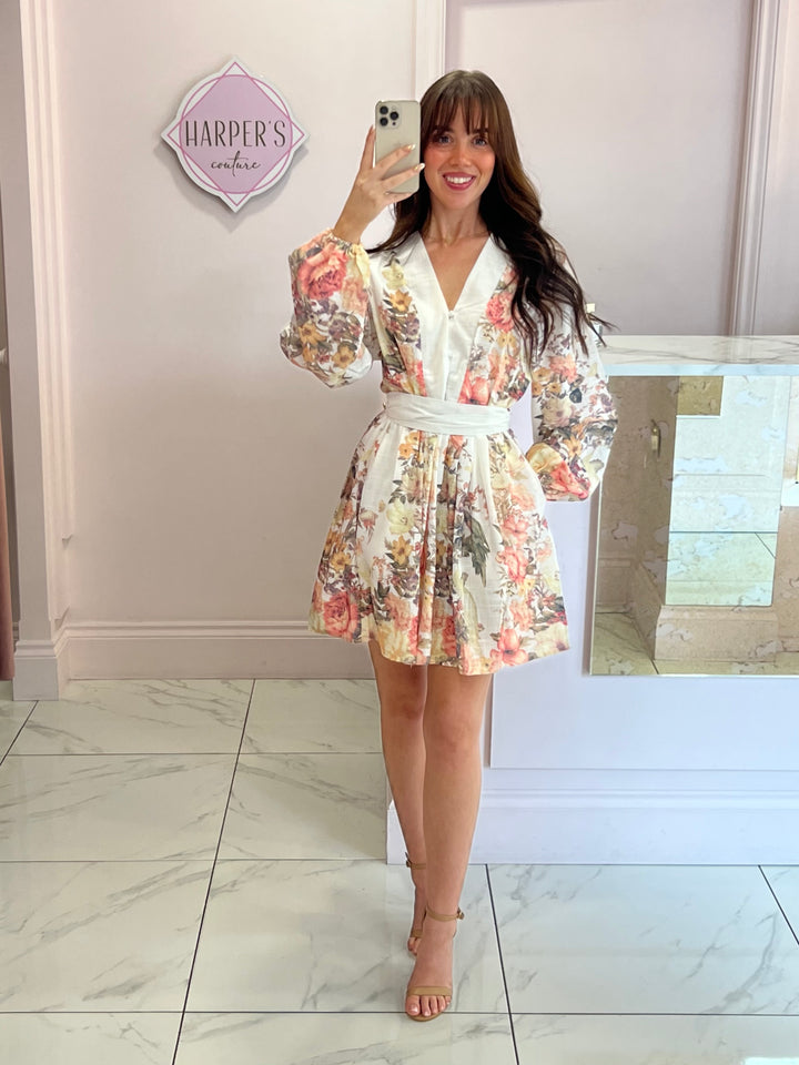 Winona Cream Belted Multicoloured Flower Dress