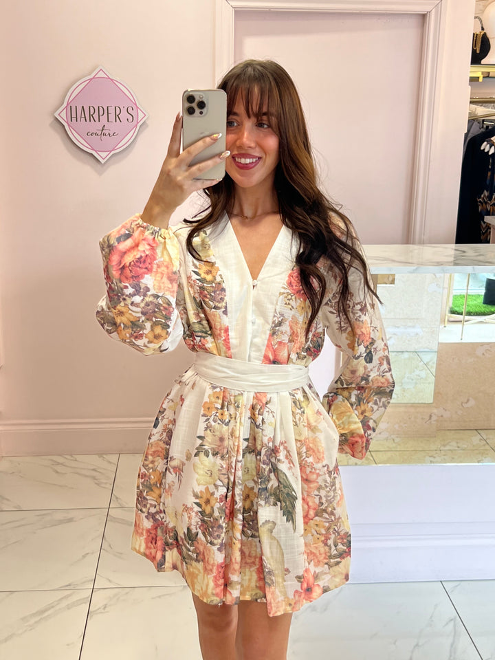Winona Cream Belted Multicoloured Flower Dress
