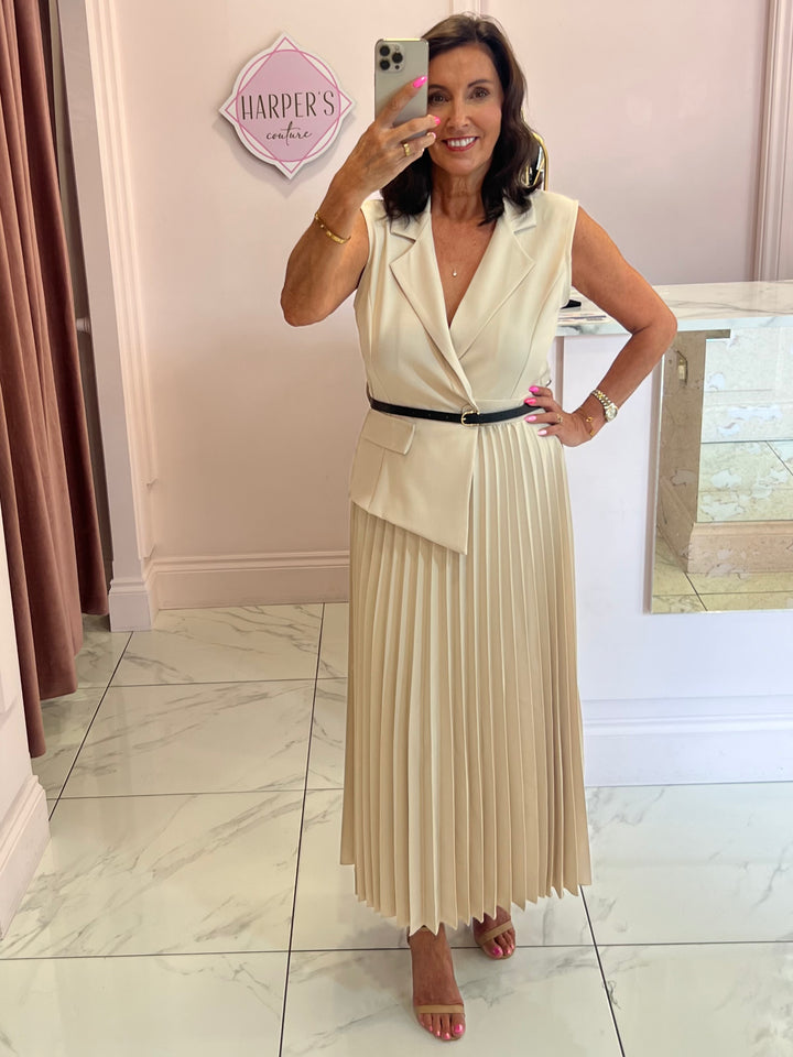 Nova Cream Pleated Waistcoat Dress