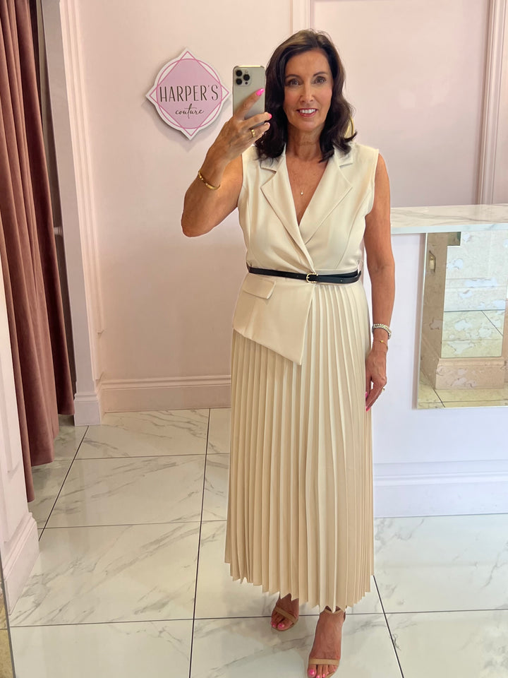 Nova Cream Pleated Waistcoat Dress