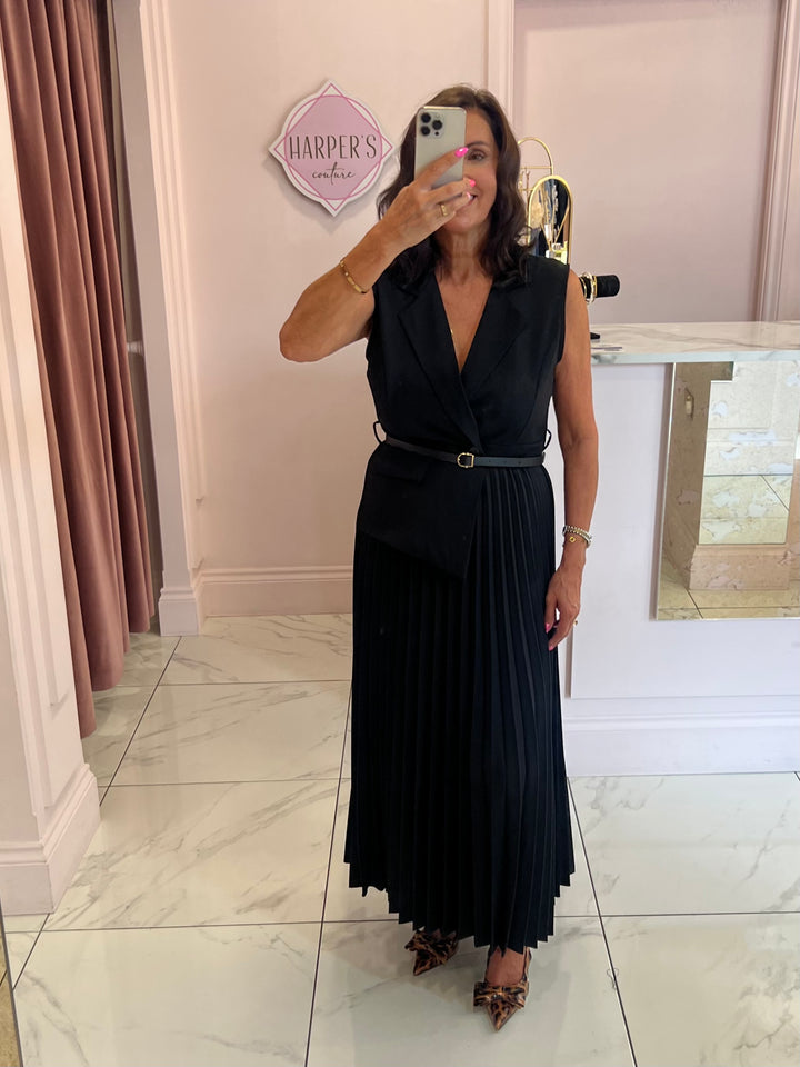 Nova Black Pleated Waistcoat Dress