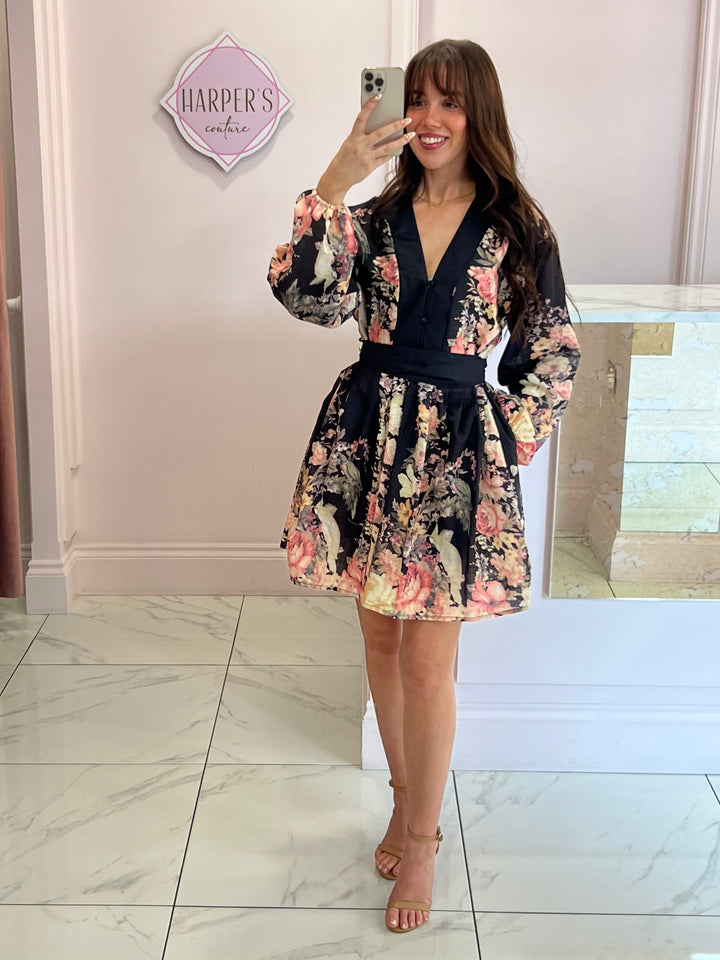Winona Black Belted Multicoloured Flower Dress