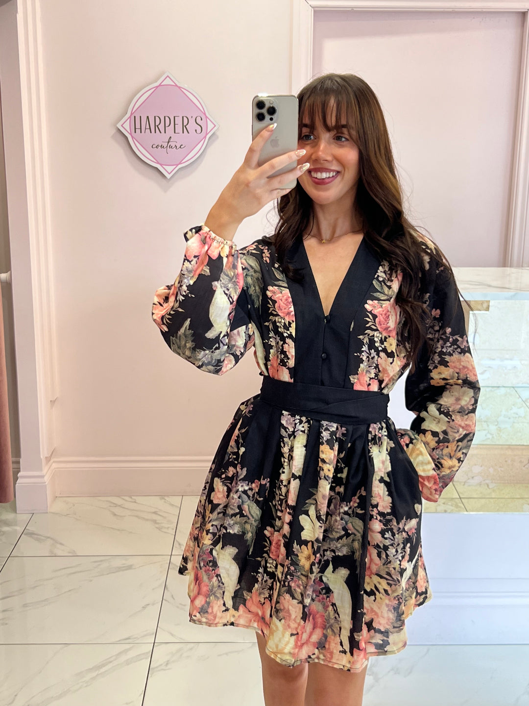 Winona Black Belted Multicoloured Flower Dress