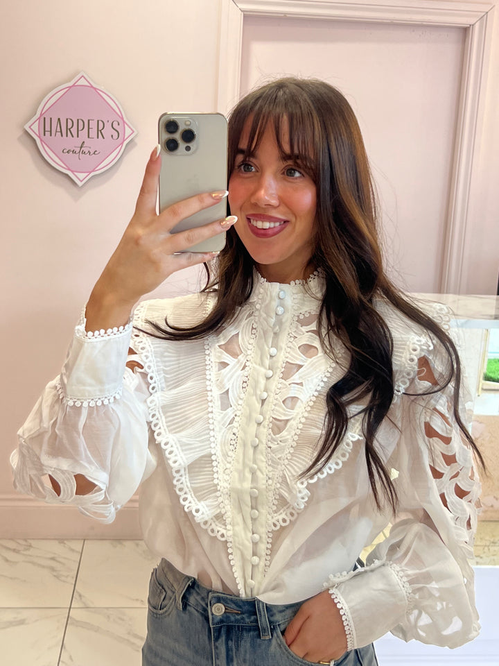 Lyla White Frill Cut Out Detail Blouse Shirt