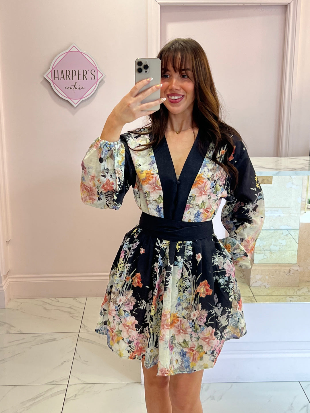 Floella Black Belted Multicoloured Flower Dress