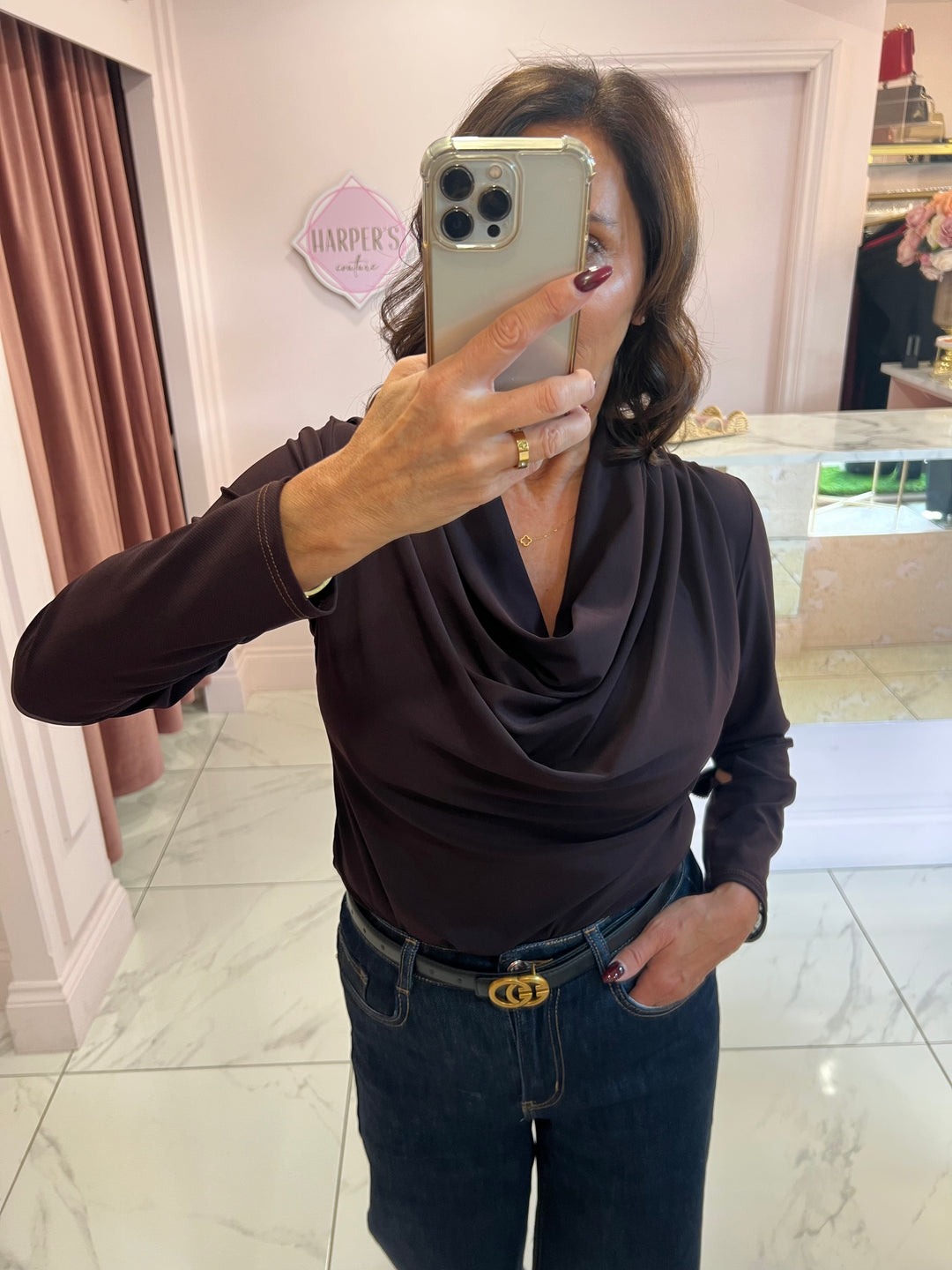 Sian Cowl Neck Chocolate Top