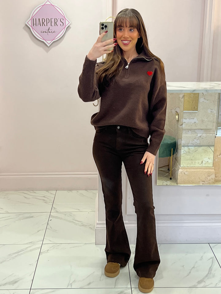 Hope Heart ❤️ 1/4 Zip Chocolate Brown Knit Sweater/Jumper