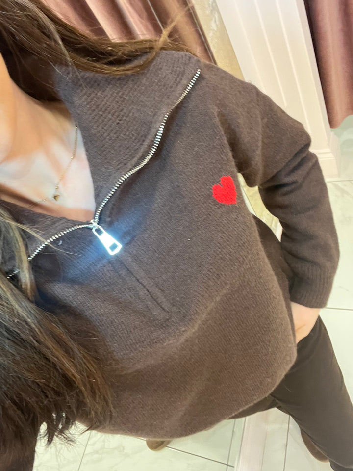 Hope Heart ❤️ 1/4 Zip Chocolate Brown Knit Sweater/Jumper