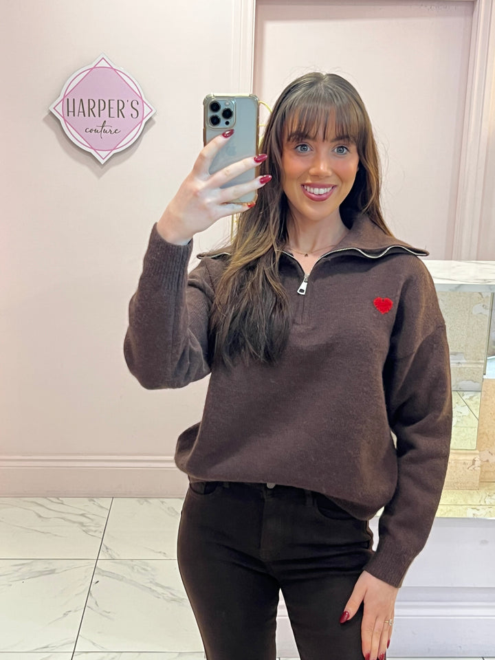 Hope Heart ❤️ 1/4 Zip Chocolate Brown Knit Sweater/Jumper