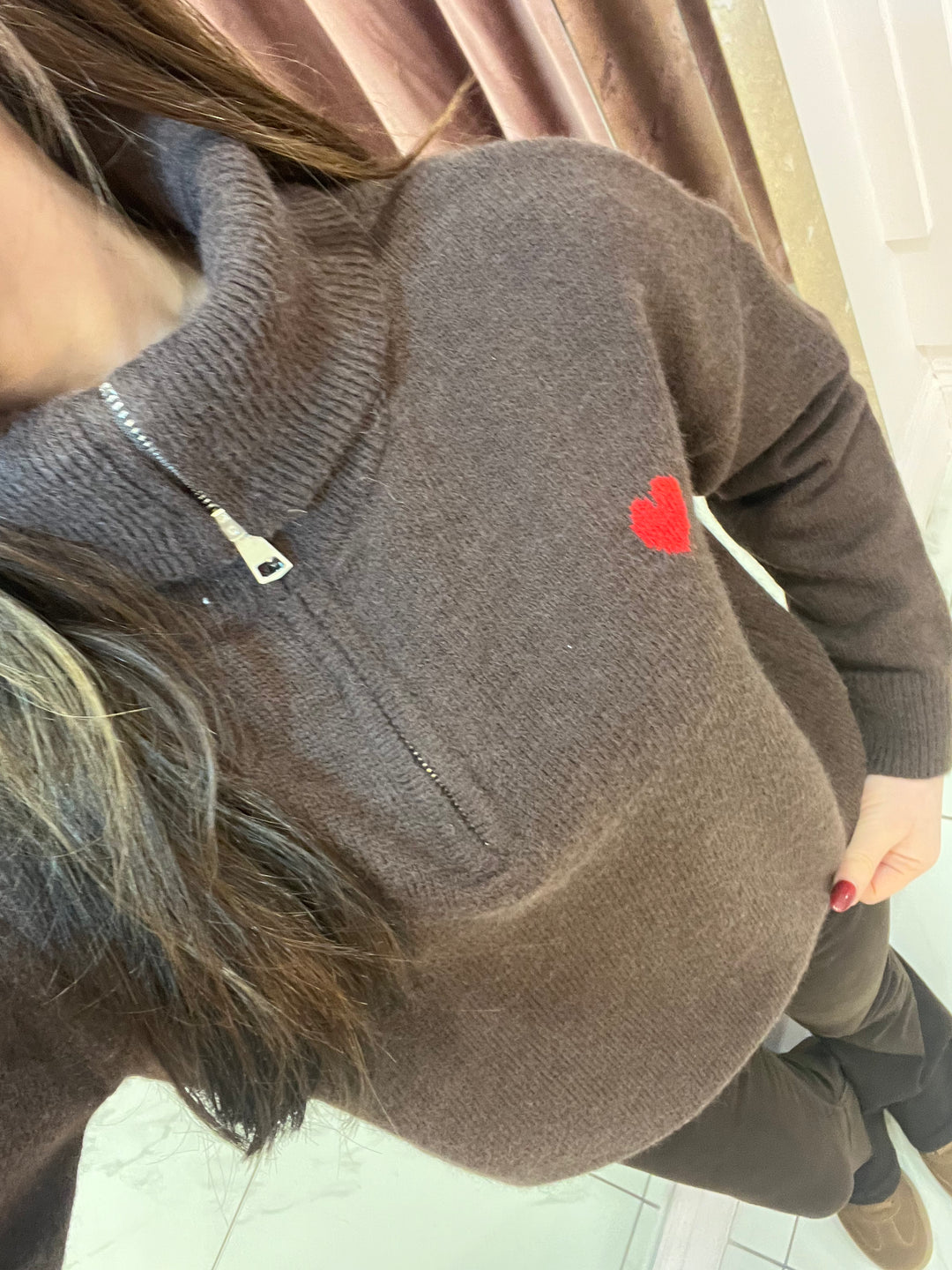 Hope Heart ❤️ 1/4 Zip Chocolate Brown Knit Sweater/Jumper