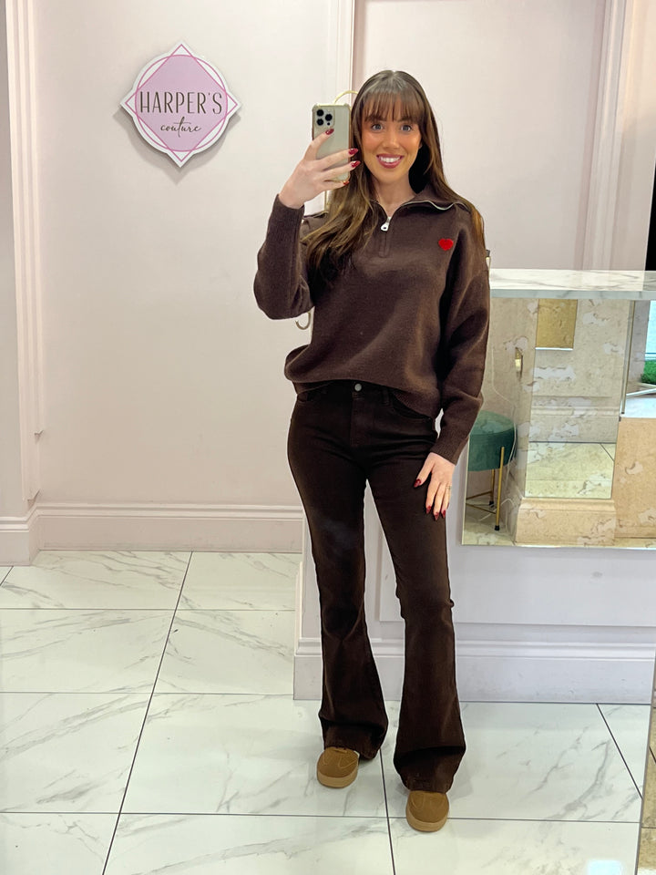 Hope Heart ❤️ 1/4 Zip Chocolate Brown Knit Sweater/Jumper