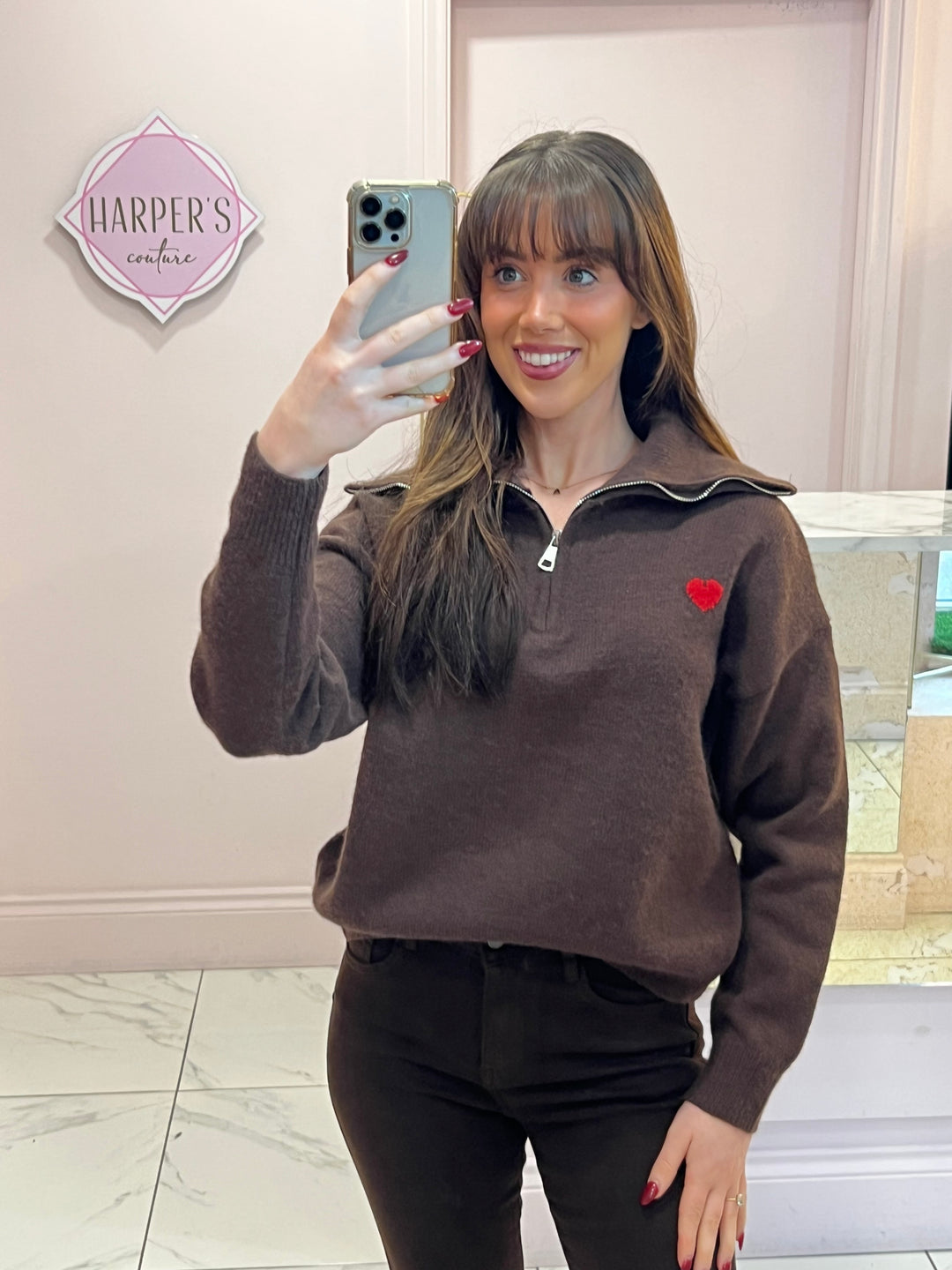 Hope Heart ❤️ 1/4 Zip Chocolate Brown Knit Sweater/Jumper