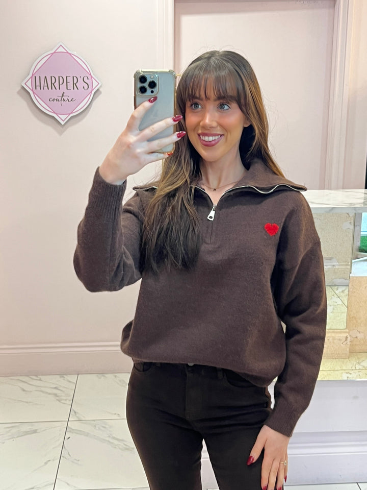 Hope Heart ❤️ 1/4 Zip Chocolate Brown Knit Sweater/Jumper
