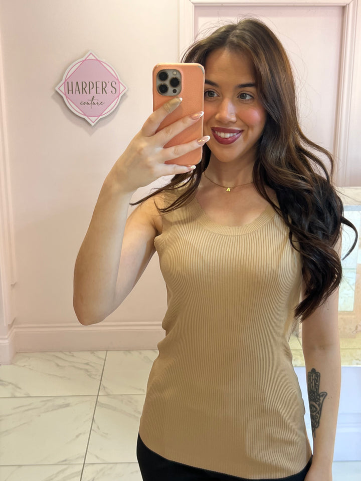 Terri Beige Scallop Edge Fine Knit Top
